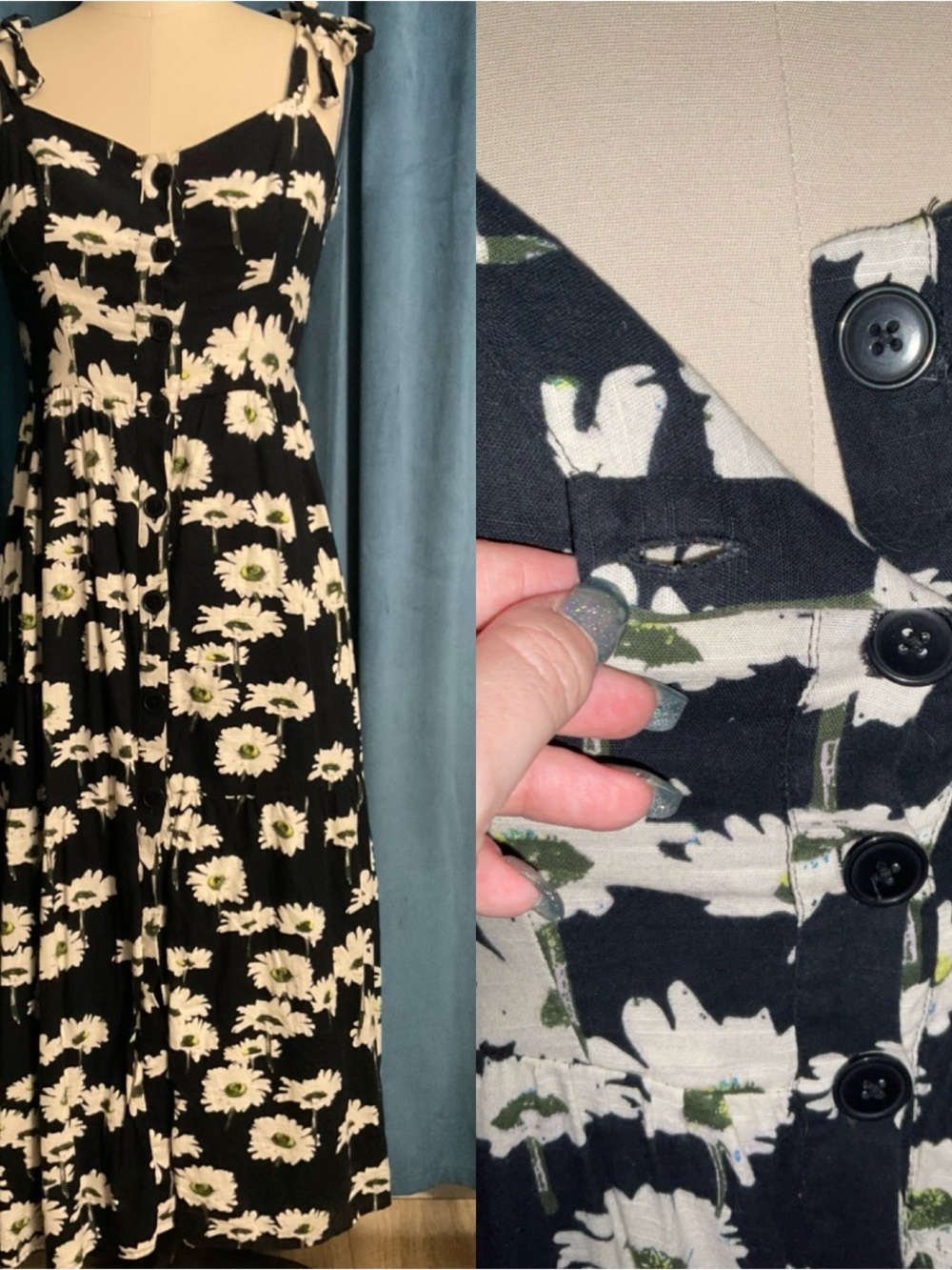 Urban Outfitters Black Daisy-Print Tie-Shoulder Dress M Grunge Button Up